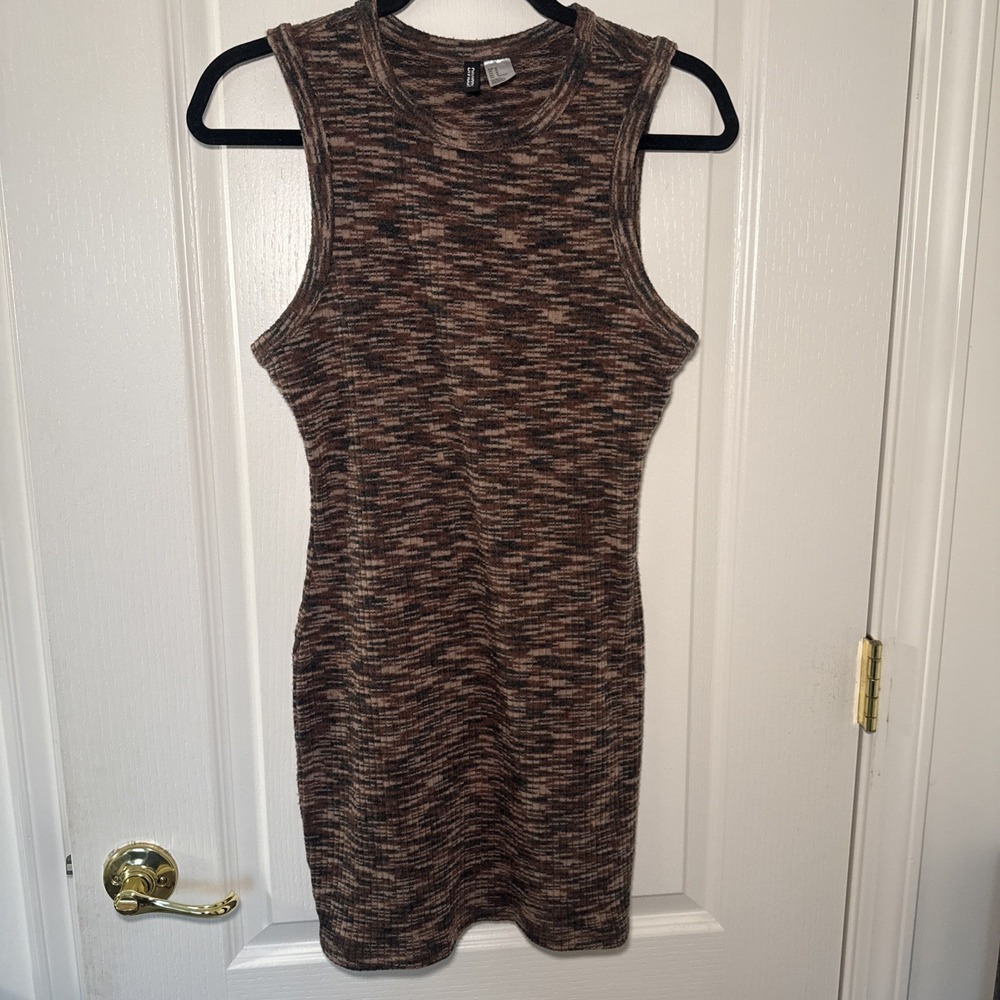 H&M Divided Brown Space Dye Ribbed Knit Dress Sleeveless Mock Neck Cozy Sz M